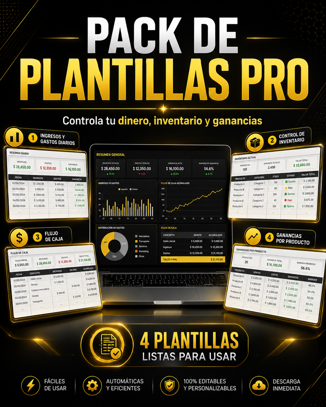 Pack de Plantillas Pro para Negocios | Controla tu Dinero, Inventario y Ganancias